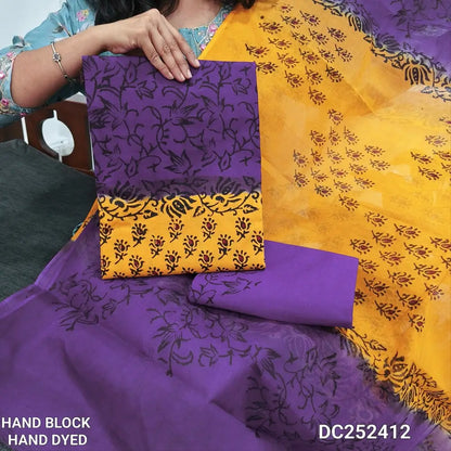 Mango Yellow & violet pure cotton unstitched salwar material (lining needed) hand block printed allover, printed cotton bottom, block printed dual shade dupatta. DC252412 (over lapping of prints not consider as a defect)
