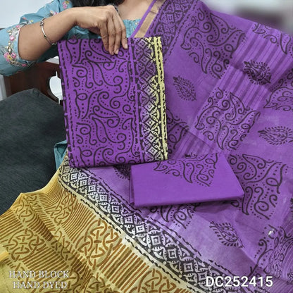 Beige & purple pure cotton unstitched salwar material (lining needed) hand block printed allover, panel design, printed cotton bottom, block printed dual shade dupatta. DC252415 (over lapping of prints not consider as a defect)