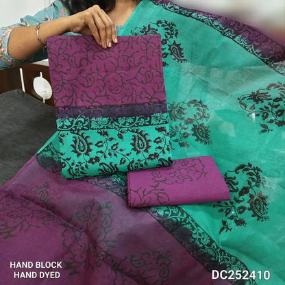 Purple & turquoise Green pure cotton unstitched salwar material (lining needed) hand block printed allover, printed cotton bottom, block printed dual shade dupatta. DC252410 (over lapping of prints not consider as a defect)