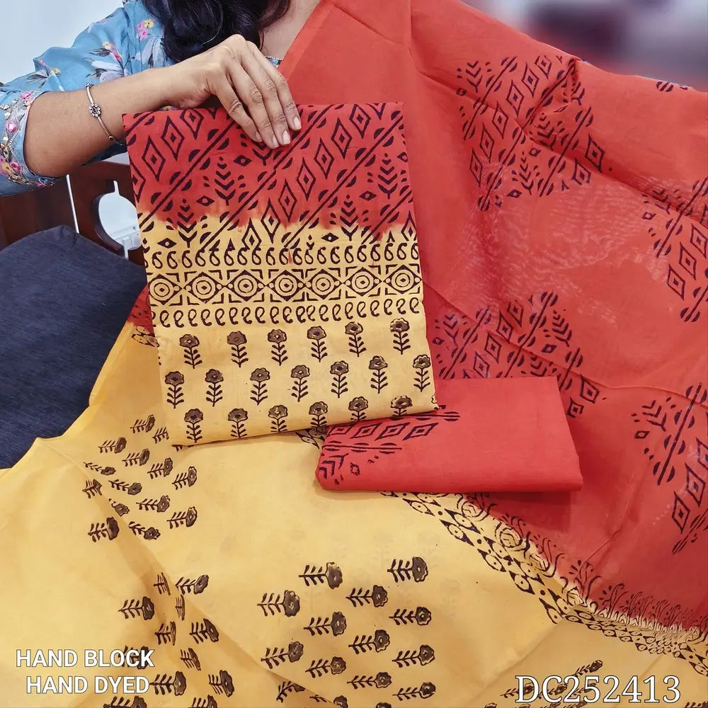 Beige & Orange pure cotton unstitched salwar material (lining needed) hand block printed allover, printed cotton bottom, block printed dual shade dupatta. DC252413 (over lapping of prints not consider as a defect)