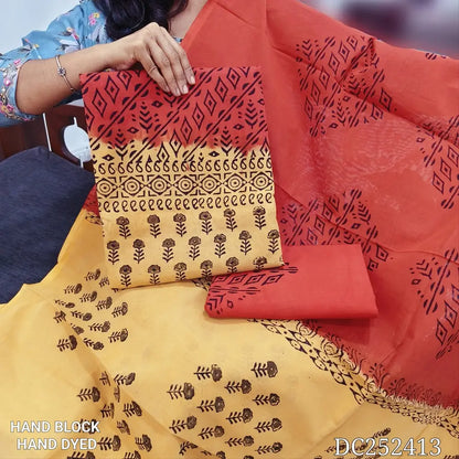 Beige & Orange pure cotton unstitched salwar material (lining needed) hand block printed allover, printed cotton bottom, block printed dual shade dupatta. DC252413 (over lapping of prints not consider as a defect)