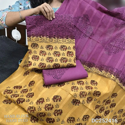 Purple & beige pure cotton unstitched salwar material (lining needed) hand block printed allover, printed cotton bottom, block printed dual shade dupatta. DC252416 (over lapping of prints not consider as a defect)