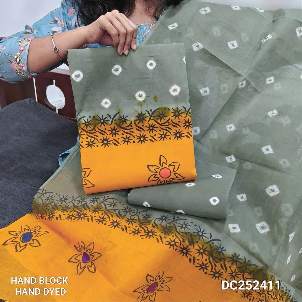 Grey & Yellow pure cotton unstitched salwar material (lining needed) hand block printed allover, printed cotton bottom, block printed dual shade dupatta. DC252411 (over lapping of prints not consider as a defect)