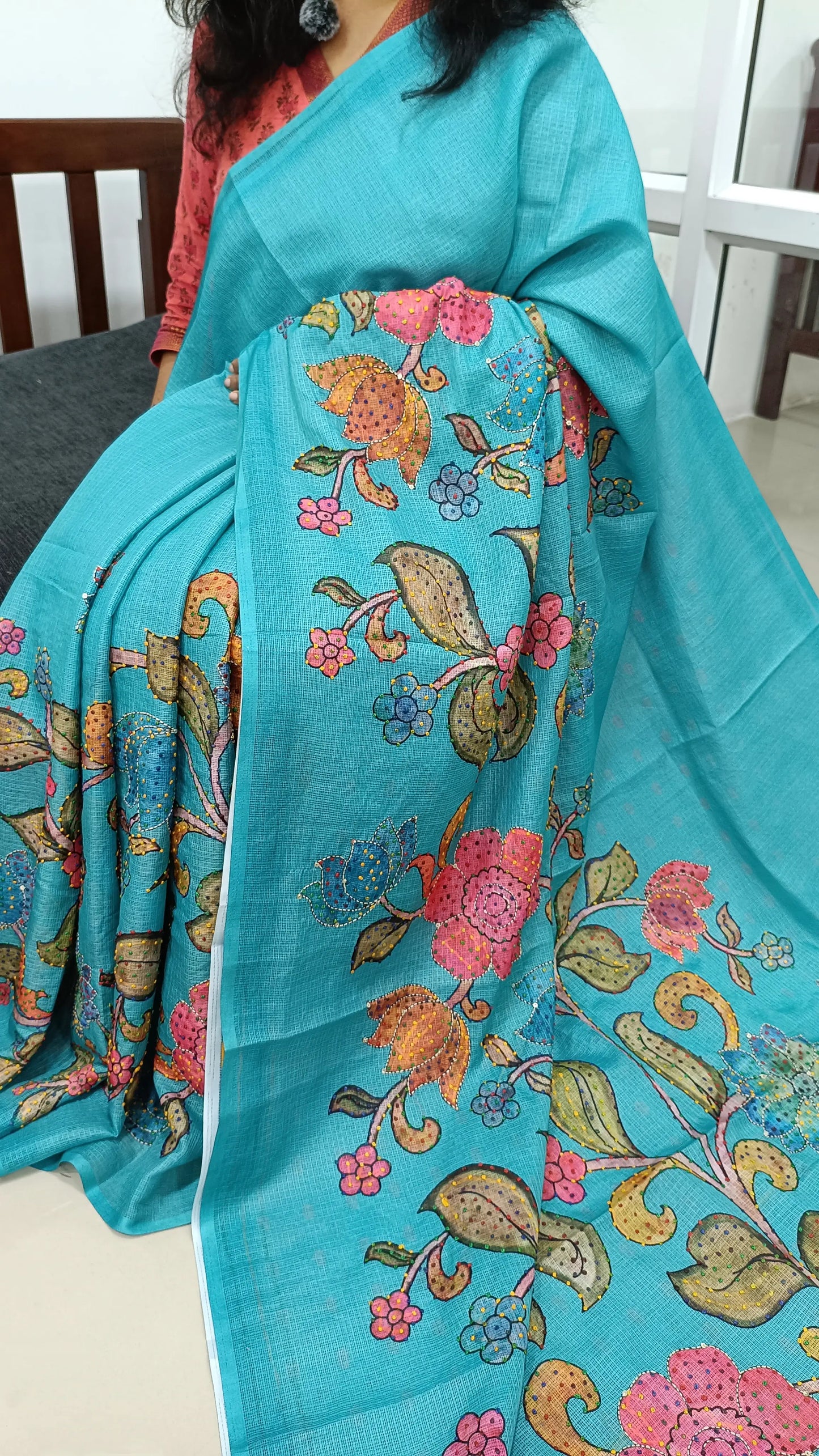 Turquoise Blue Premium kota silk saree (lightweight, thin, soft) colorful floral prints highlighted with hand embroidery work, rich pallu. Digital printed kota silk blouse. NS53