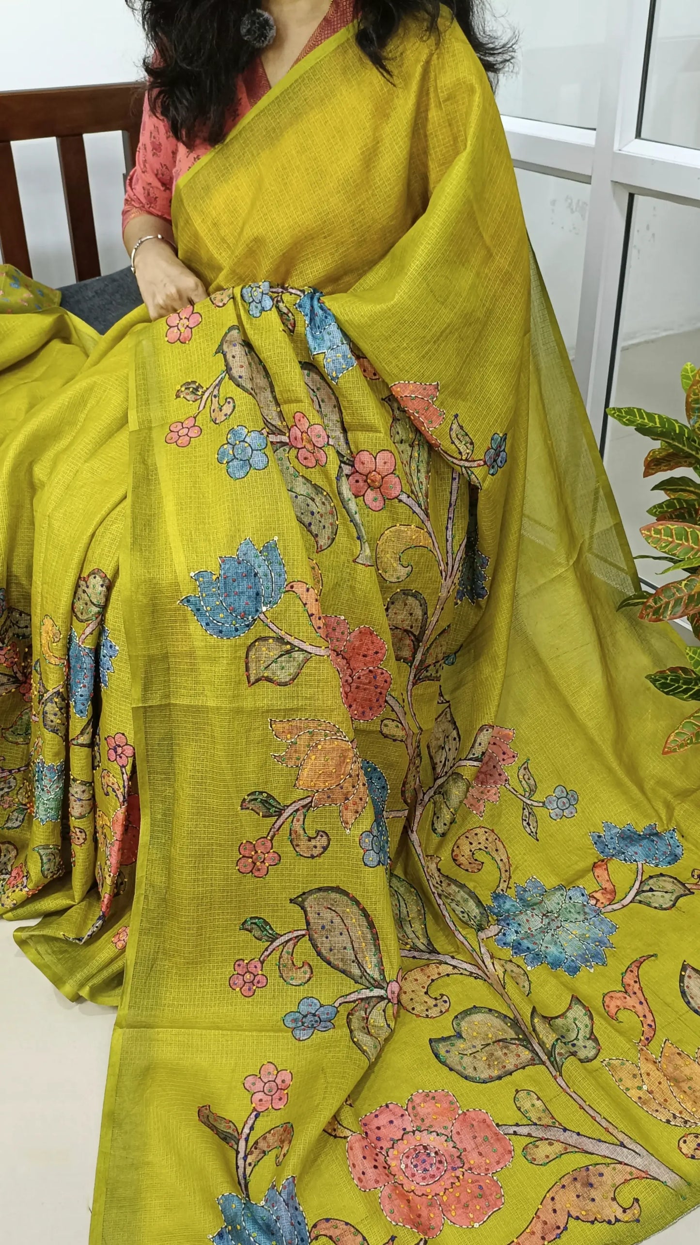 Mehandhi Green Premium kota silk saree (lightweight, thin, soft) colorful floral prints highlighted with hand embroidery work, rich pallu. Digital printed kota silk blouse. NS50