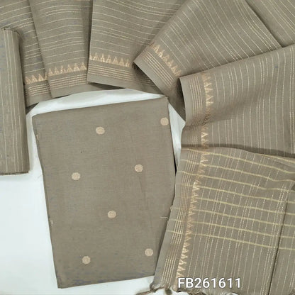 Greyish beige south handloom cotton unstitched salwar material (lining needed)gold zari buttas all over,vertical zari line handloom cotton bottom, zari lines on handloom cotton dupatta with zari woven borders. FB261611