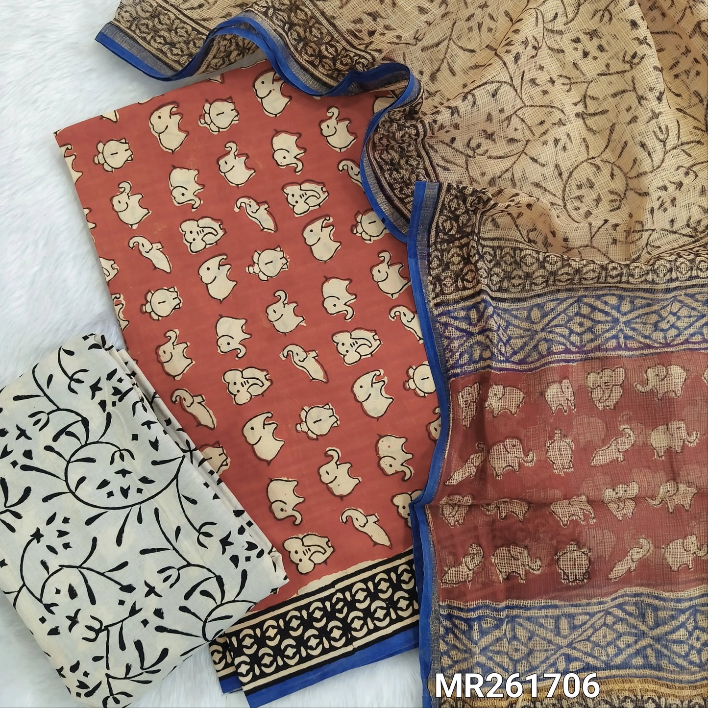 Brick Red Elephant Handblock printed pure soft cotton unstitched salwar material, handblock printed cotton dupatta, block printed soft kota doria dupatta. (TAPINGS NEEDED, INCONSISTENT PRINTS ARE NOT DEFECTS) MR261706