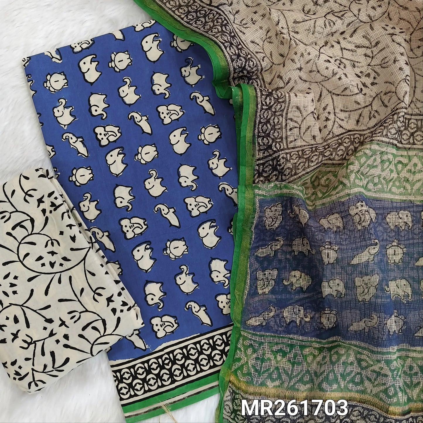 PREORDER SHIPPING AFTER 10 DAYS Dark Blue Elephant Handblock printed pure soft cotton unstitched salwar material, handblock printed cotton bottom, block printed soft kota doria dupatta. (TAPINGS NEEDED, INCONSISTENT PRINTS ARE NOT DEFECTS) MR261703