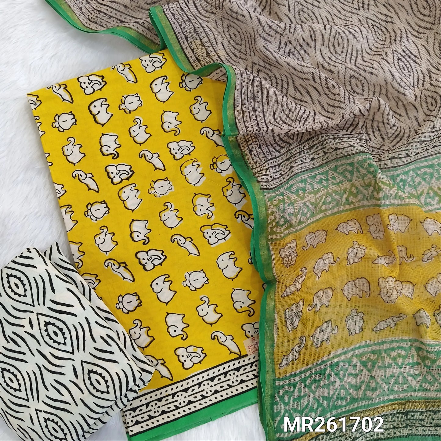 Mehandi Yellow Elephant Handblock printed pure soft cotton unstitched salwar material, handblock printed cotton dupatta, block printed soft kota doria dupatta. (TAPINGS NEEDED, INCONSISTENT PRINTS ARE NOT DEFECTS) MR261702