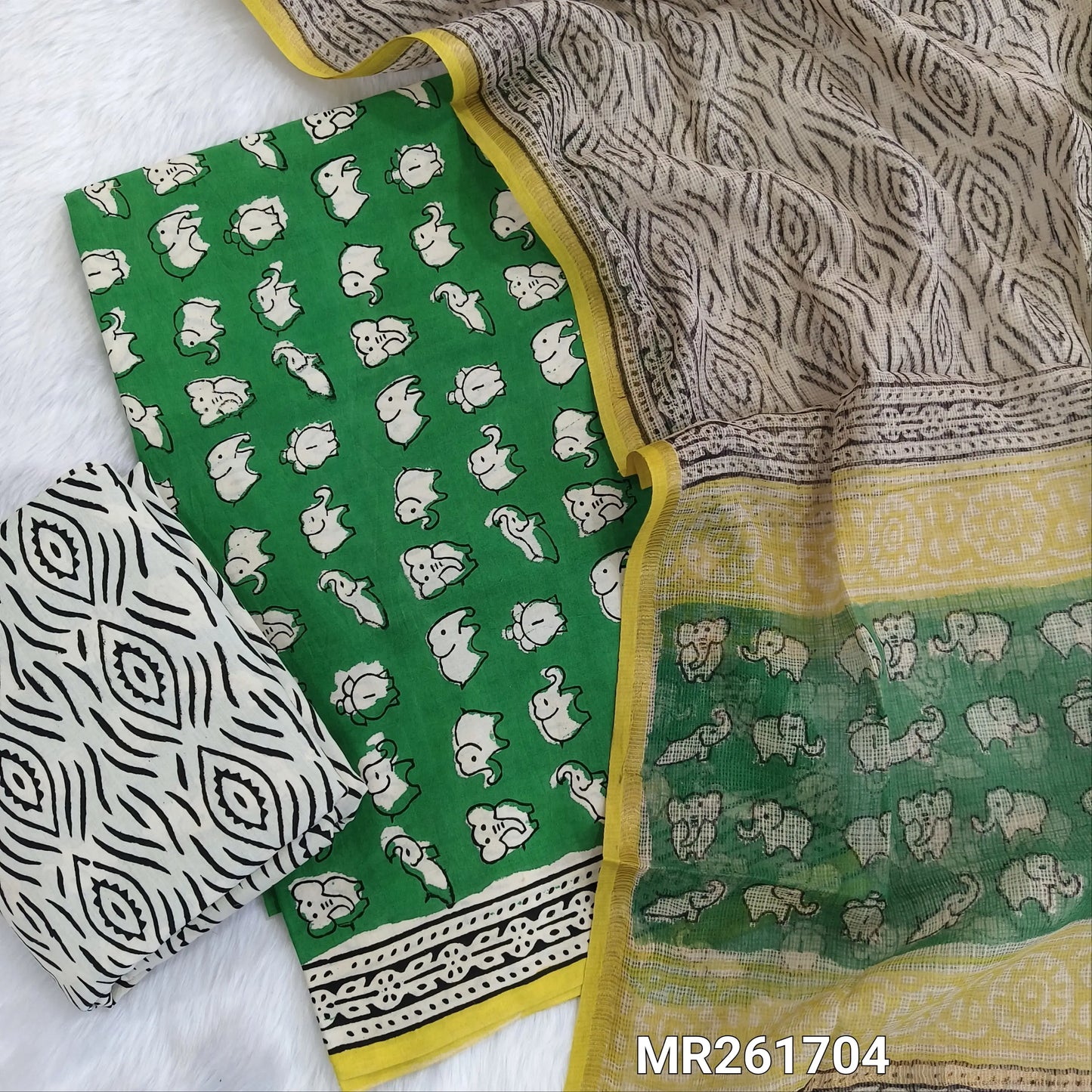 PREORDER SHIPPING AFTER 10 DAYS Green Elephant Handblock printed pure soft cotton unstitched salwar material, handblock printed cotton bottom, block printed soft kota doria dupatta. (TAPINGS NEEDED, INCONSISTENT PRINTS ARE NOT DEFECTS) MR261704