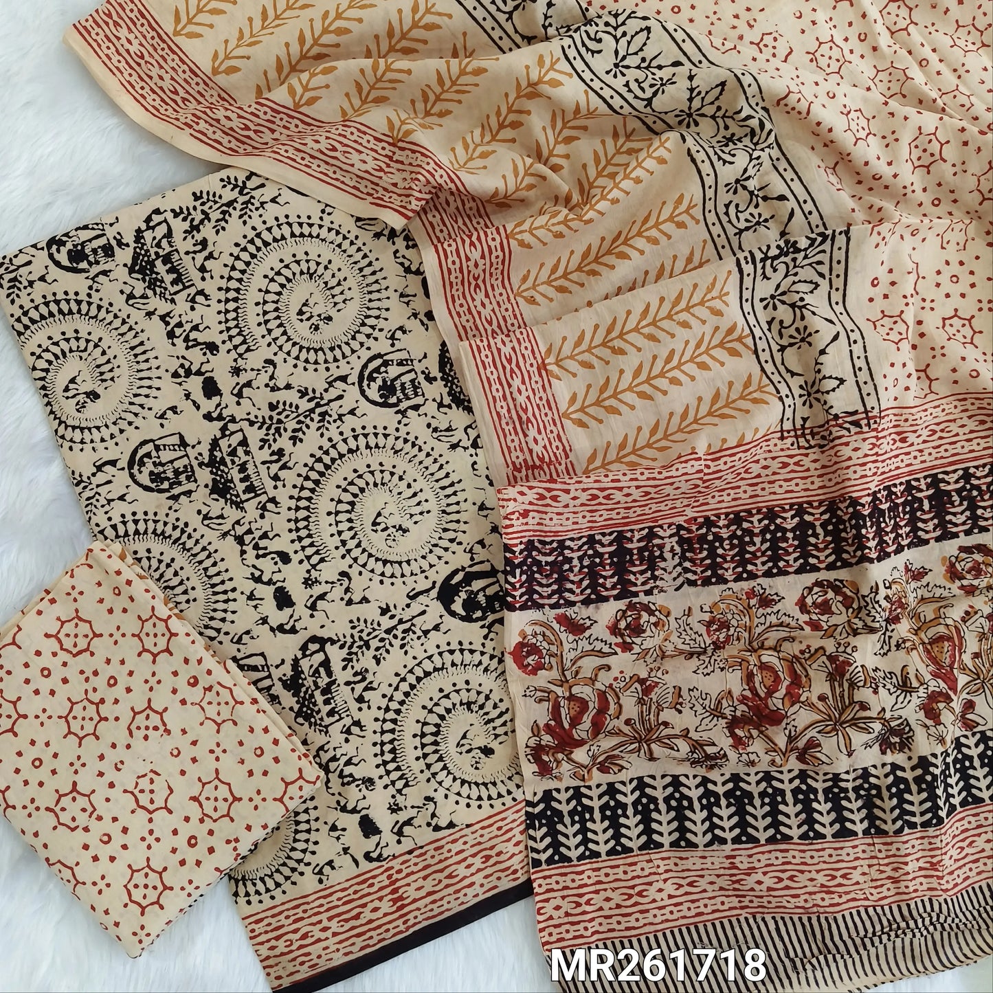 Light beige base warli printed bagru cotton unstitched salwar material, printed cotton bottom,hand block printed full length mul cotton dupatta(TAPINGS NEEDED, INCONSISTENT PRINTS ARE NOT DEFECTS) MR261718