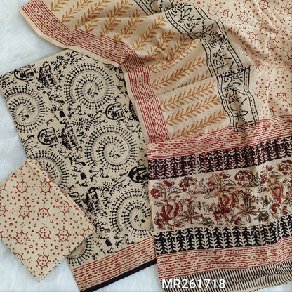 Light beige base warli printed bagru cotton unstitched salwar material, printed cotton bottom,hand block printed full length mul cotton dupatta(TAPINGS NEEDED, INCONSISTENT PRINTS ARE NOT DEFECTS) MR261718