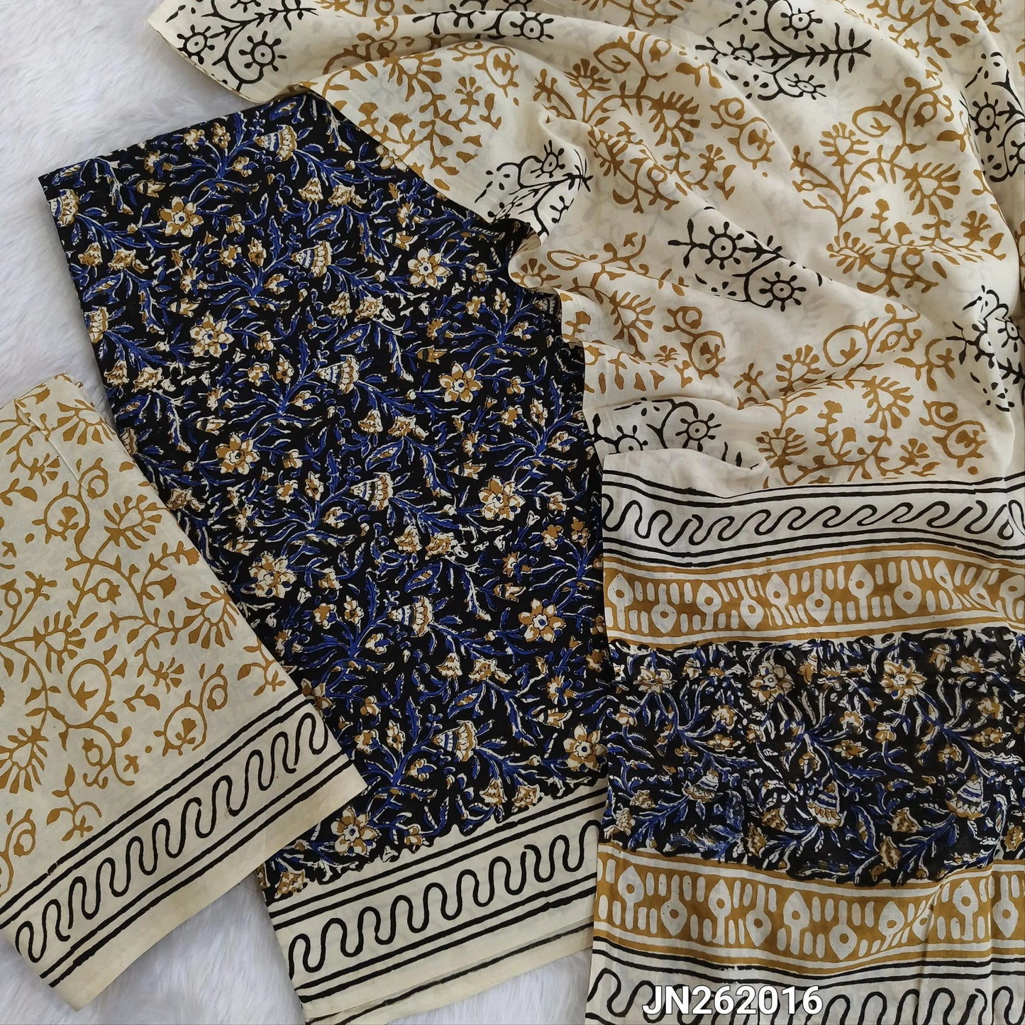 Black hand block printed pure mul cotton unstitched salwar material, (lining optional) block printed cotton bottom,hand block printed mul cotton dupatta(TAPPING NEEDED, INCONSISTENCY OF PRINTS AND DYEING ARE NOT CONSIDERED AS DEFECTS. JN262016