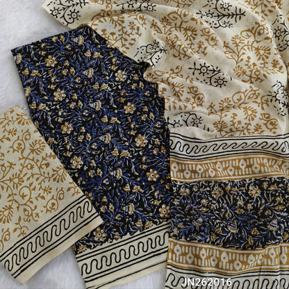 Black hand block printed pure mul cotton unstitched salwar material, (lining optional) block printed cotton bottom,hand block printed mul cotton dupatta(TAPPING NEEDED, INCONSISTENCY OF PRINTS AND DYEING ARE NOT CONSIDERED AS DEFECTS. JN262016