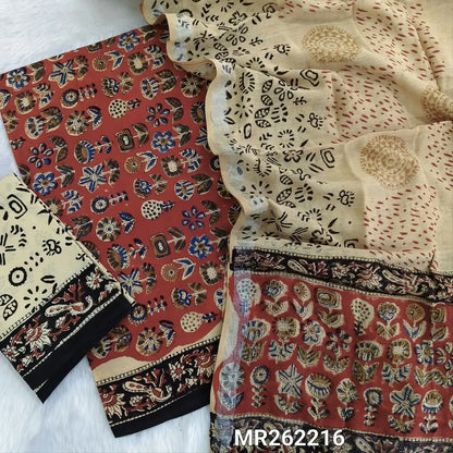 Dark brick red bagru hand block printed cotton unstitched salwar material,(lining needed)block printed beige cotton bottom,hand block printed linen cotton dupatta with silver tissue borders(TAPINGS NEEDED, INCONSISTENT PRINTS ARE NOT DEFECTS) MR262216