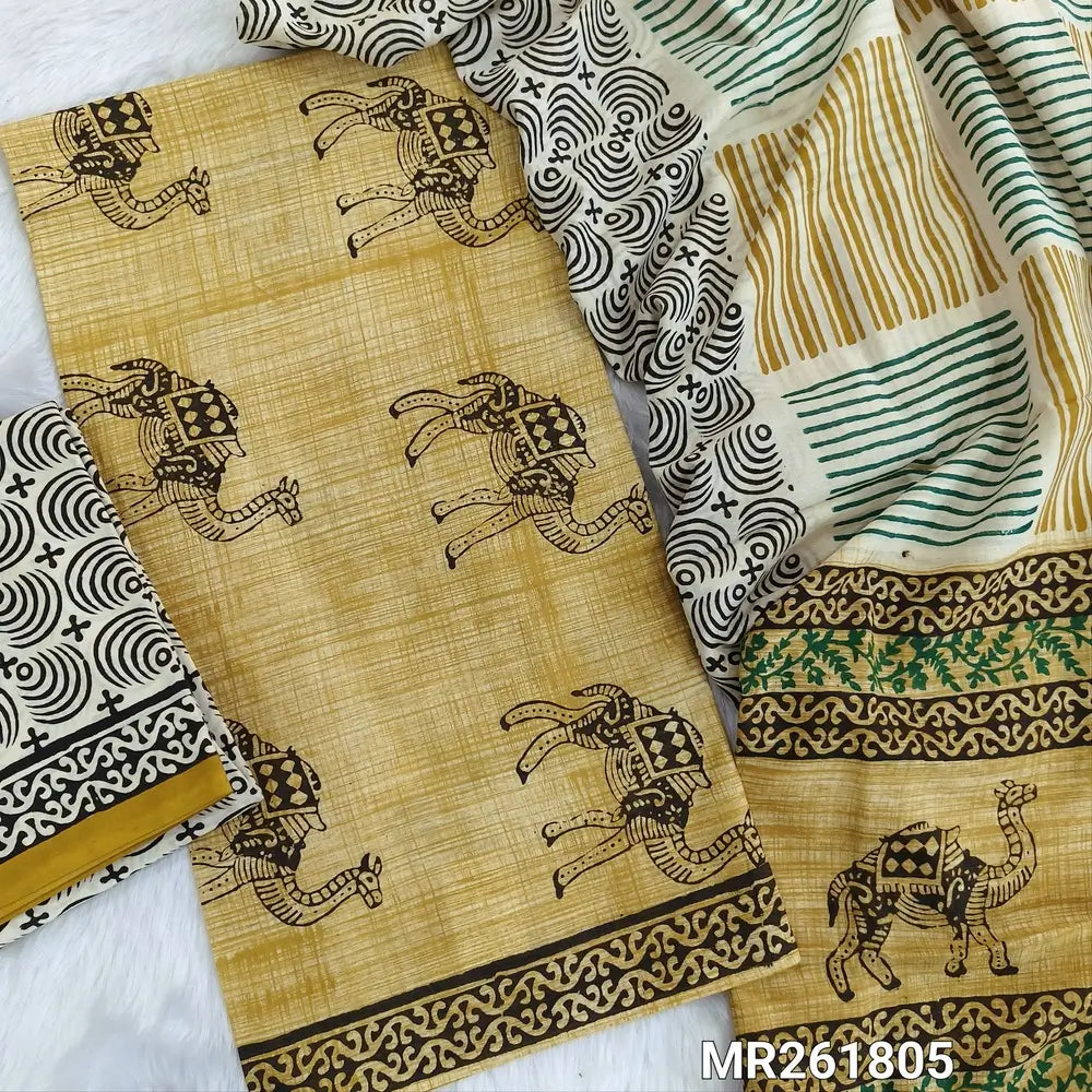 Mehandhi yellow base bagru hand block printed pure cotton unstitched salwar material,(lining needed)block printed cotton bottom,hand block printed full length mul cotton dupatta(TAPINGS NEEDED, INCONSISTENT PRINTS ARE NOT DEFECTS) MR261805