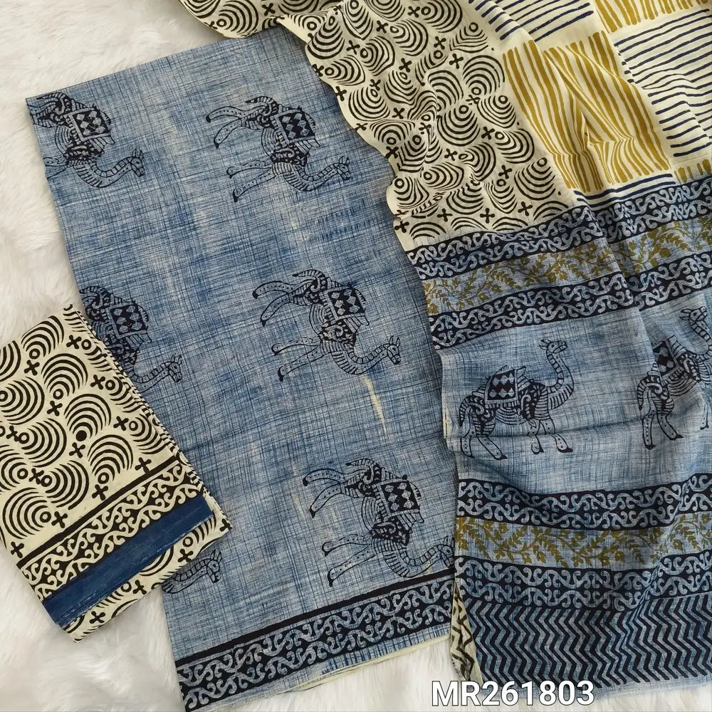 Denim blue base bagru hand block printed pure cotton unstitched salwar material,(lining needed)block printed cotton bottom,hand block printed full length mul cotton dupatta(TAPINGS NEEDED, INCONSISTENT PRINTS ARE NOT DEFECTS) MR261803