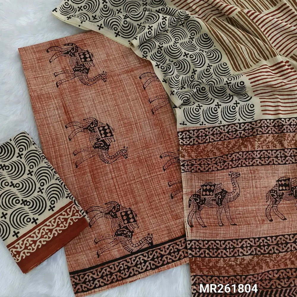 Brick red base bagru hand block printed pure cotton unstitched salwar material,(lining needed)block printed cotton bottom,hand block printed full length mul cotton dupatta(TAPINGS NEEDED, INCONSISTENT PRINTS ARE NOT DEFECTS) MR261804