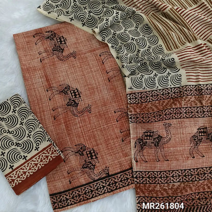 Brick red base bagru hand block printed pure cotton unstitched salwar material,(lining needed)block printed cotton bottom,hand block printed full length mul cotton dupatta(TAPINGS NEEDED, INCONSISTENT PRINTS ARE NOT DEFECTS) MR261804