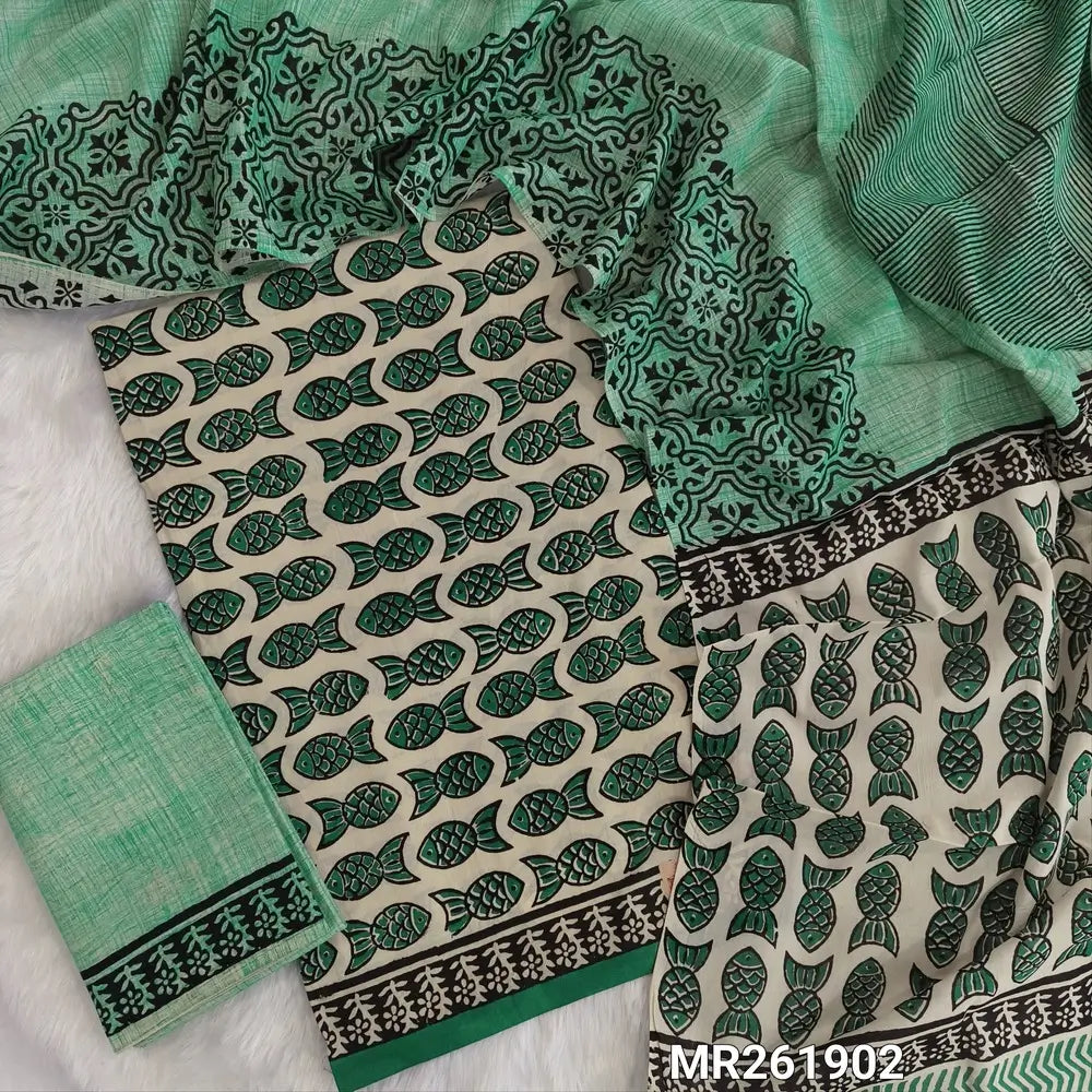Pastel green hand block printed pure mul cotton unstitched salwar material, (lining needed) bagru hand block printed cotton bottom,block printed full length mul cotton dupatta. (TAPINGS NEEDED, INCONSISTENT PRINTS ARE NOT DEFECTS) MR261902