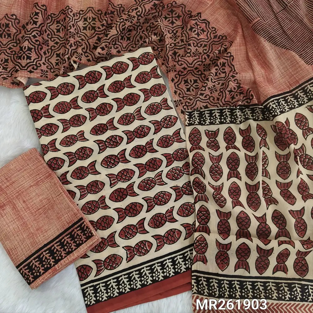 Brick red hand block printed pure mul cotton unstitched salwar material, (lining needed) bagru hand block printed cotton bottom,block printed full length mul cotton dupatta. (TAPINGS NEEDED, INCONSISTENT PRINTS ARE NOT DEFECTS) MR261903