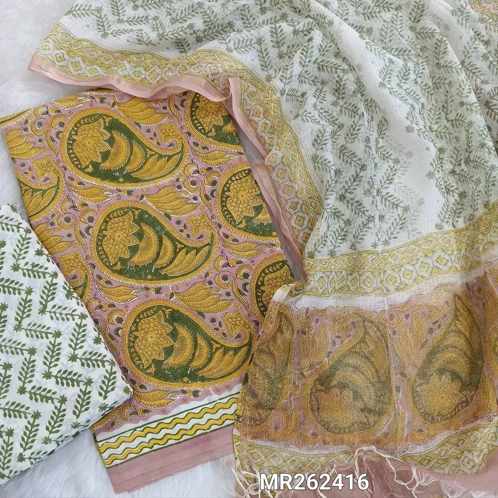Light onion pink hand block printed pure mul cotton unstitched salwar material, (lining needed)handblock printed cotton bottom, block printed soft kota doria dupatta. (TAPINGS NEEDED, INCONSISTENT PRINTS ARE NOT DEFECTS) MR262416