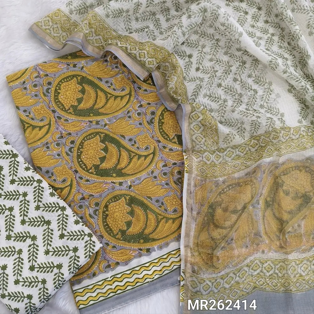 Light grey hand block printed pure mul cotton unstitched salwar material, (lining needed)handblock printed cotton bottom, block printed soft kota doria dupatta. (TAPINGS NEEDED, INCONSISTENT PRINTS ARE NOT DEFECTS) MR262414