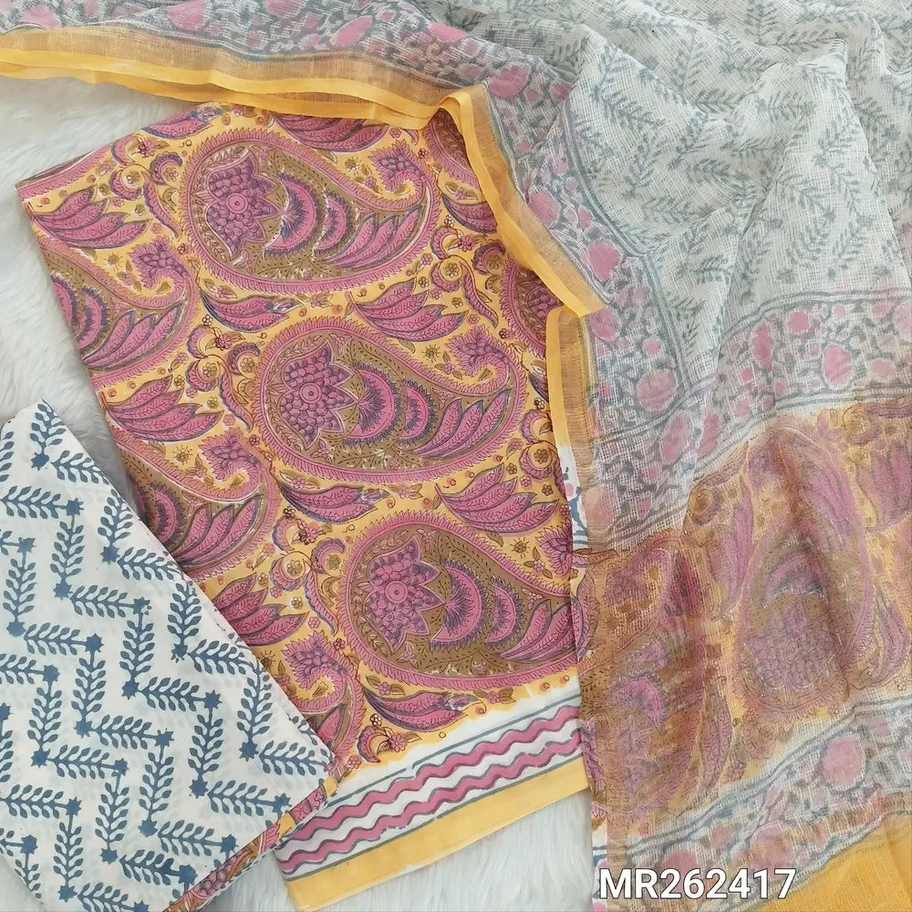 Pastel yellow hand block printed pure mul cotton unstitched salwar material, (lining needed)handblock printed cotton bottom, block printed soft kota doria dupatta. (TAPINGS NEEDED, INCONSISTENT PRINTS ARE NOT DEFECTS) MR262417
