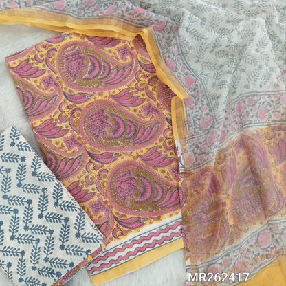 Pastel yellow hand block printed pure mul cotton unstitched salwar material, (lining needed)handblock printed cotton bottom, block printed soft kota doria dupatta. (TAPINGS NEEDED, INCONSISTENT PRINTS ARE NOT DEFECTS) MR262417