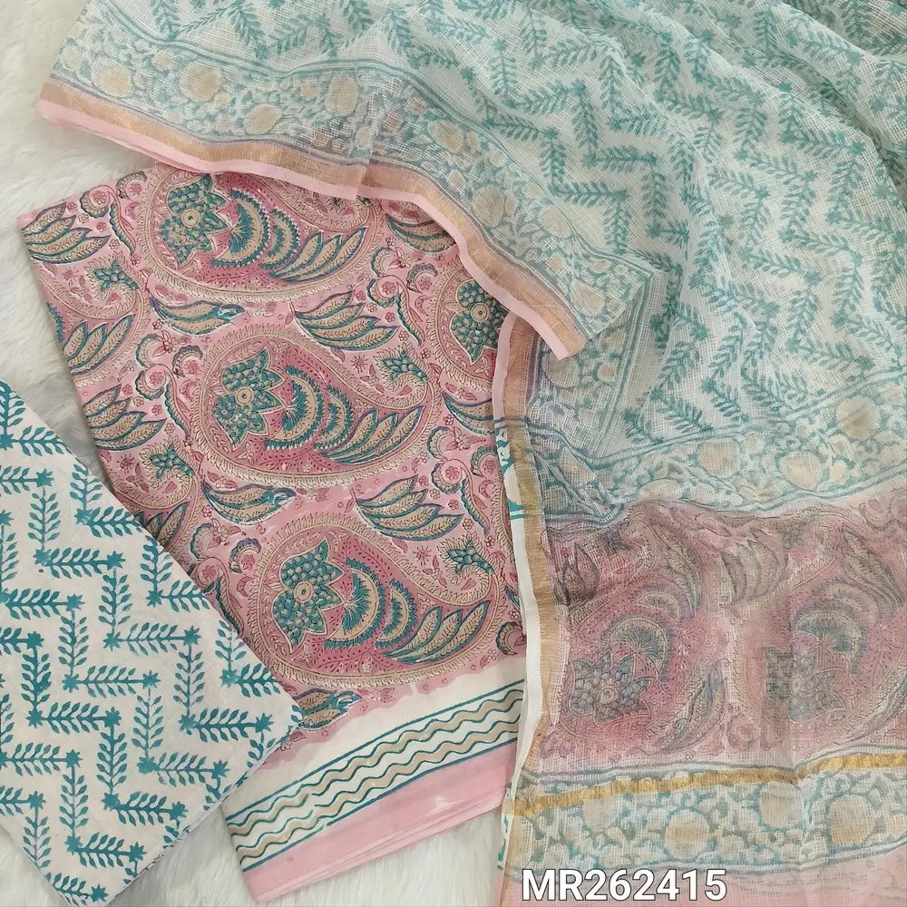 Pastel pink hand block printed pure mul cotton unstitched salwar material, (lining needed)handblock printed cotton bottom, block printed soft kota doria dupatta. (TAPINGS NEEDED, INCONSISTENT PRINTS ARE NOT DEFECTS) MR262415