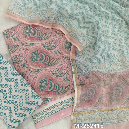 Pastel pink hand block printed pure mul cotton unstitched salwar material, (lining needed)handblock printed cotton bottom, block printed soft kota doria dupatta. (TAPINGS NEEDED, INCONSISTENT PRINTS ARE NOT DEFECTS) MR262415