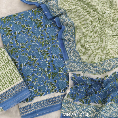 Powder blue handblock printed pure mul cotton unstitched salwar material, handblock printed cotton bottom,block printed full length mul cotton dupatta. (TAPINGS NEEDED, INCONSISTENT PRINTS ARE NOT DEFECTS) MR261714