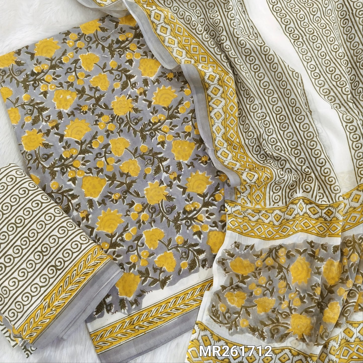 Grey handblock printed pure mul cotton unstitched salwar material, handblock printed cotton bottom,block printed full length mul cotton dupatta. (TAPINGS NEEDED, INCONSISTENT PRINTS ARE NOT DEFECTS) MR261712
