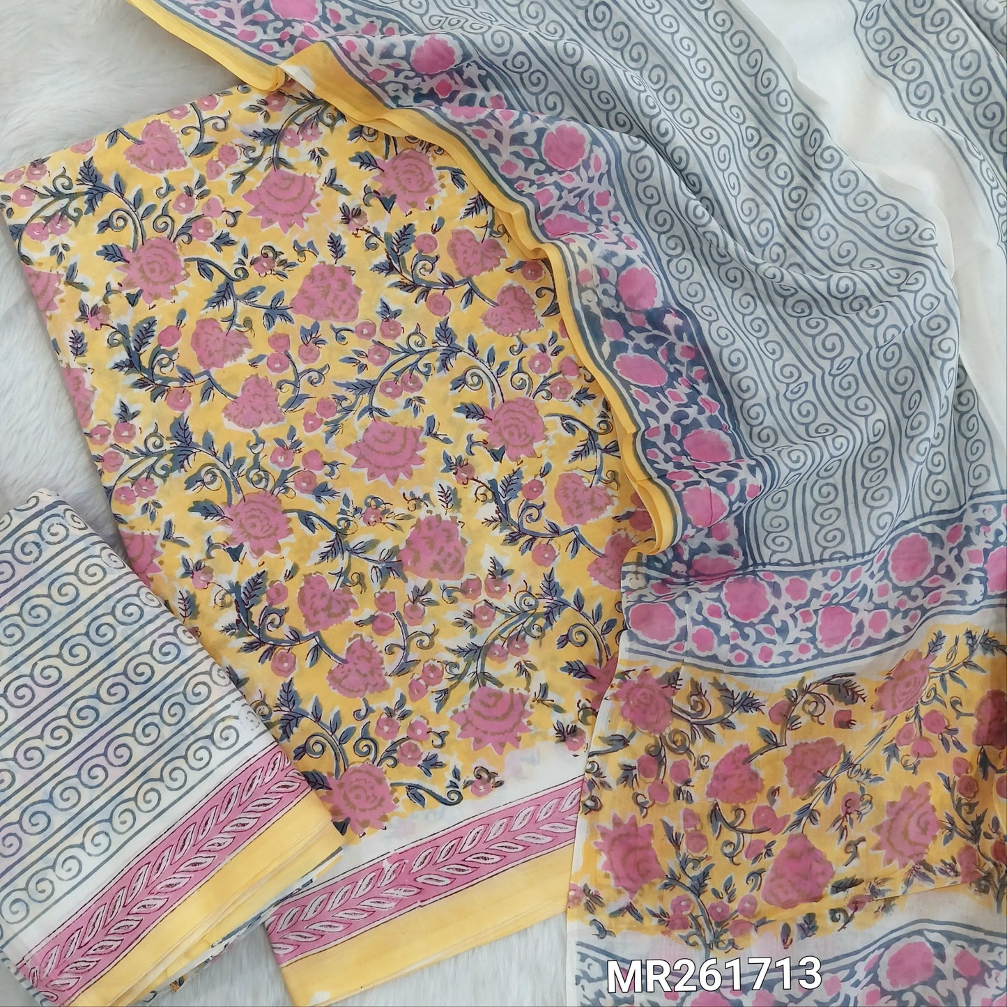 Pastel yellow handblock printed pure mul cotton unstitched salwar material, handblock printed cotton bottom,block printed full length mul cotton dupatta. (TAPINGS NEEDED, INCONSISTENT PRINTS ARE NOT DEFECTS) MR261713