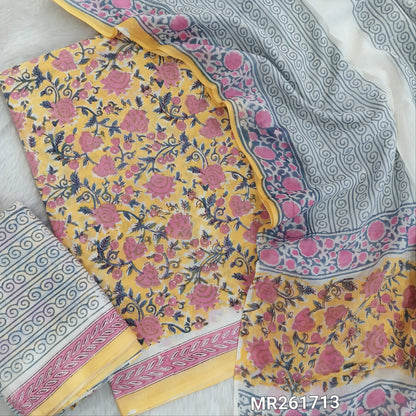 Pastel yellow handblock printed pure mul cotton unstitched salwar material, handblock printed cotton bottom,block printed full length mul cotton dupatta. (TAPINGS NEEDED, INCONSISTENT PRINTS ARE NOT DEFECTS) MR261713