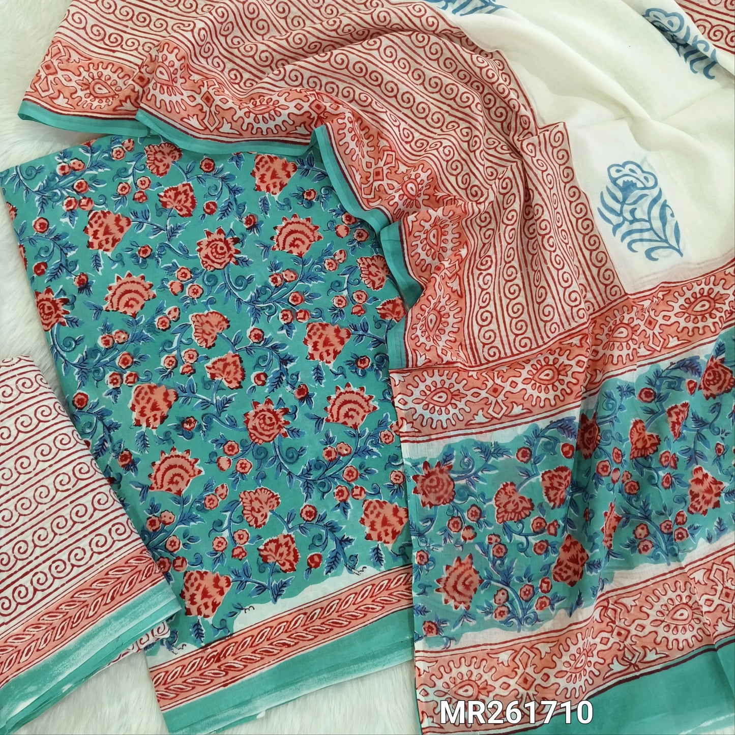 Pastel Blue handblock printed pure mul cotton unstitched salwar material, handblock printed cotton bottom,block printed full length mul cotton dupatta. (TAPINGS NEEDED, INCONSISTENT PRINTS ARE NOT DEFECTS) MR261710