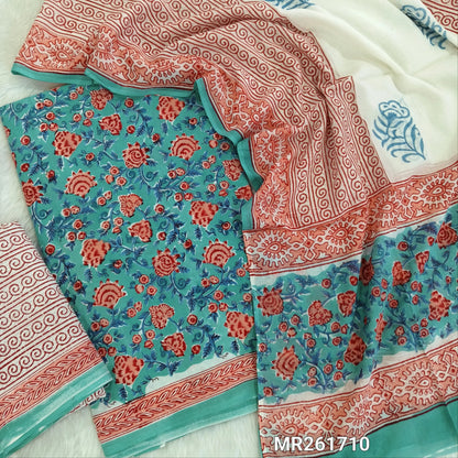 Pastel Blue handblock printed pure mul cotton unstitched salwar material, handblock printed cotton bottom,block printed full length mul cotton dupatta. (TAPINGS NEEDED, INCONSISTENT PRINTS ARE NOT DEFECTS) MR261710