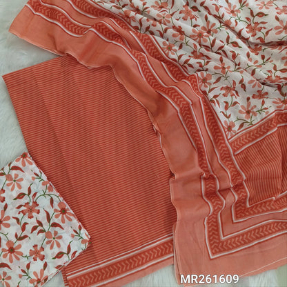 Peach cambric cotton unstitched salwar material,vertical stripes all over,(lining optional)floral printed cambric cotton bottom, floral printed full length cambric cotton dupatta with pallu and printed borders. MR261609