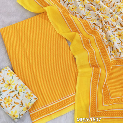 Bright yellow cambric cotton unstitched salwar material,vertical stripes all over,(lining optional)floral printed cambric cotton bottom, floral printed full length cambric cotton dupatta with pallu and printed borders. MR261607