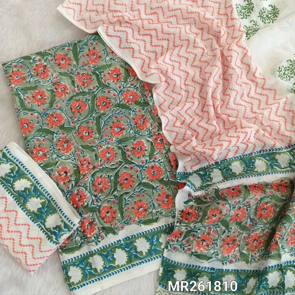 Pastel green hand block printed pure mul cotton unstitched salwar material, (lining needed)handblock printed cotton bottom,block printed full length mul cotton dupatta. (TAPINGS NEEDED, INCONSISTENT PRINTS ARE NOT DEFECTS) MR261810