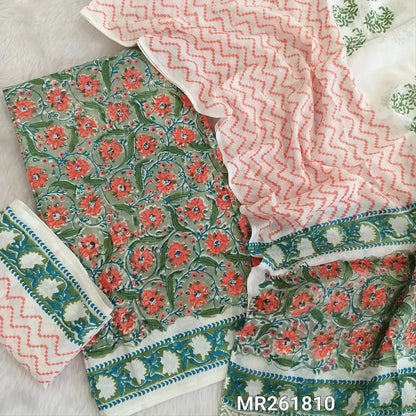 Pastel green hand block printed pure mul cotton unstitched salwar material, (lining needed)handblock printed cotton bottom,block printed full length mul cotton dupatta. (TAPINGS NEEDED, INCONSISTENT PRINTS ARE NOT DEFECTS) MR261810
