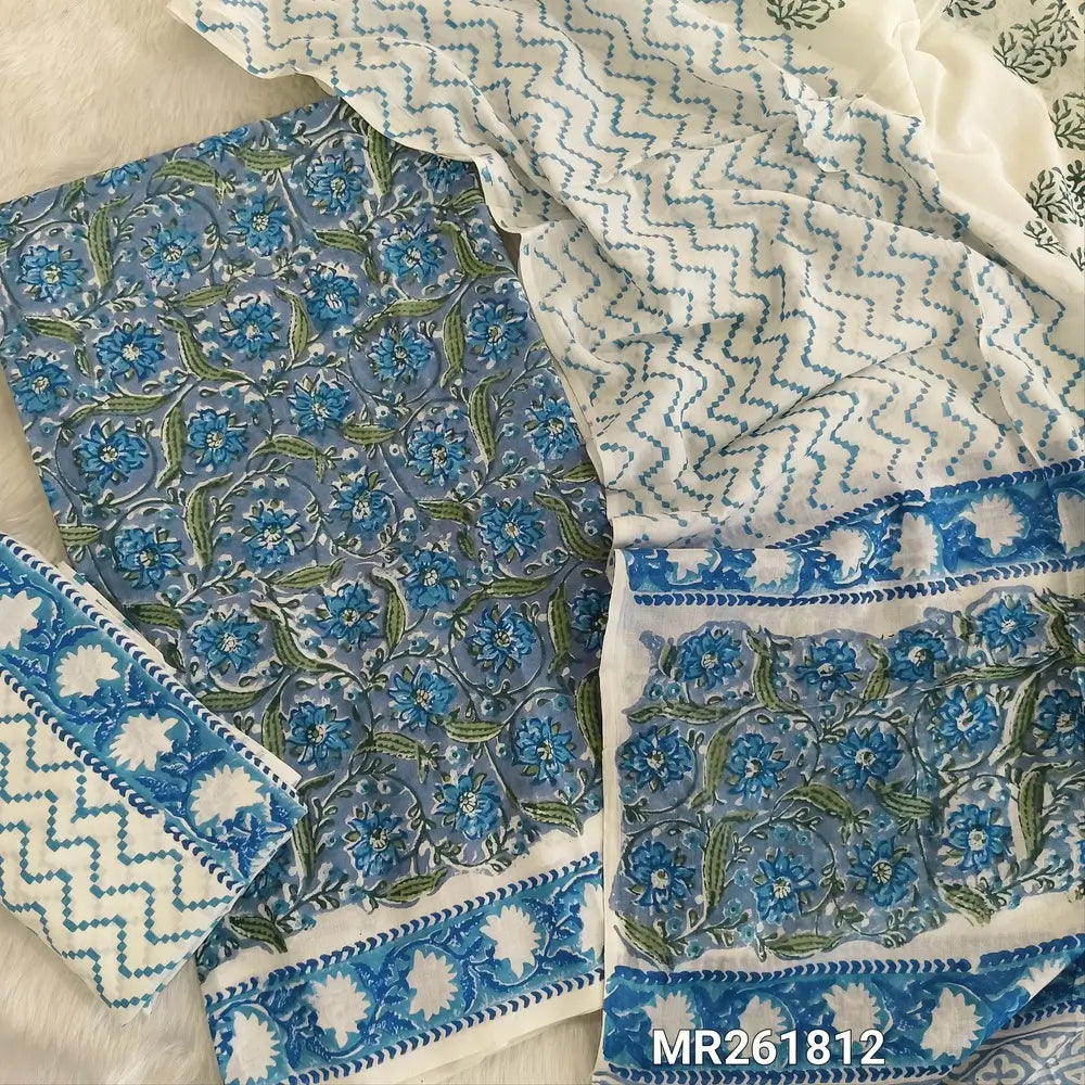 Blueish grey hand block printed pure mul cotton unstitched salwar material, (lining needed)handblock printed cotton bottom,block printed full length mul cotton dupatta. (TAPINGS NEEDED, INCONSISTENT PRINTS ARE NOT DEFECTS) MR261812