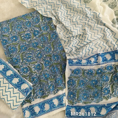 Blueish grey hand block printed pure mul cotton unstitched salwar material, (lining needed)handblock printed cotton bottom,block printed full length mul cotton dupatta. (TAPINGS NEEDED, INCONSISTENT PRINTS ARE NOT DEFECTS) MR261812