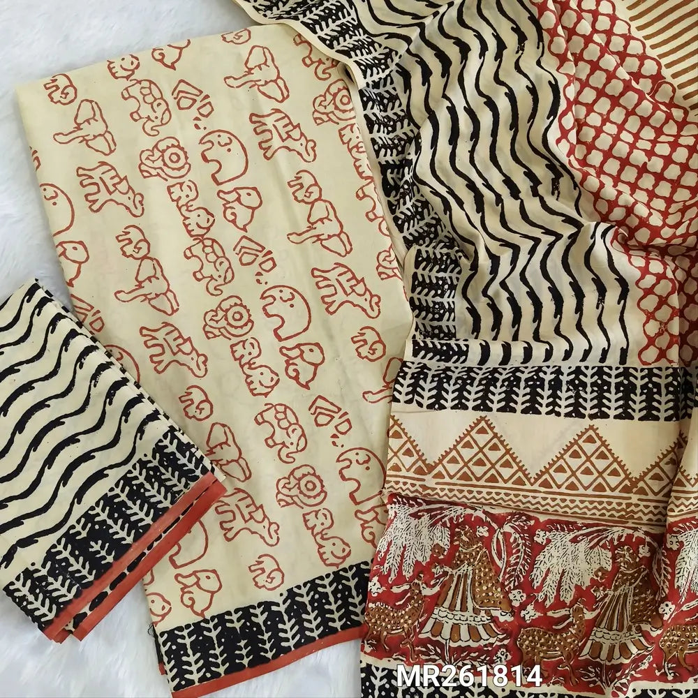 Light beige base bagru hand block printed cotton unstitched salwar material,(lining needed) printed cotton bottom,hand block printed full length mul cotton dupatta(TAPINGS NEEDED, INCONSISTENT PRINTS ARE NOT DEFECTS) MR261814