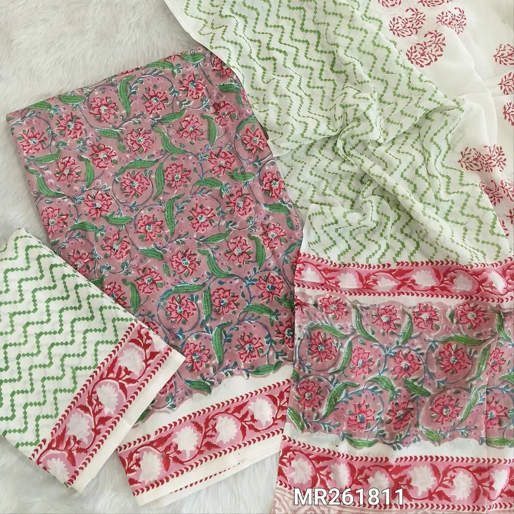 Pastel pink hand block printed pure mul cotton unstitched salwar material, (lining needed)handblock printed cotton bottom,block printed full length mul cotton dupatta. (TAPINGS NEEDED, INCONSISTENT PRINTS ARE NOT DEFECTS) MR261811