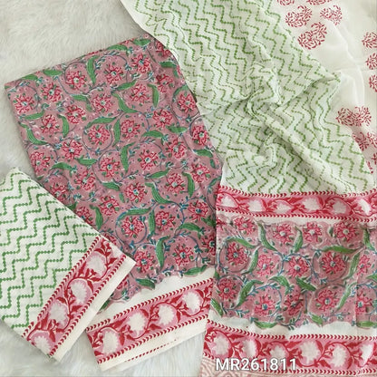 Pastel pink hand block printed pure mul cotton unstitched salwar material, (lining needed)handblock printed cotton bottom,block printed full length mul cotton dupatta. (TAPINGS NEEDED, INCONSISTENT PRINTS ARE NOT DEFECTS) MR261811