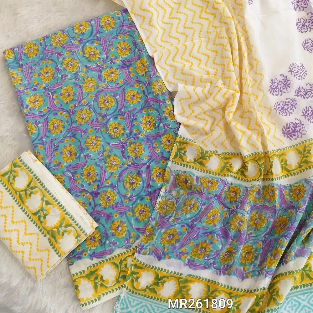 Pastel blue hand block printed pure mul cotton unstitched salwar material, (lining needed)handblock printed cotton bottom,block printed full length mul cotton dupatta. (TAPINGS NEEDED, INCONSISTENT PRINTS ARE NOT DEFECTS) MR261809