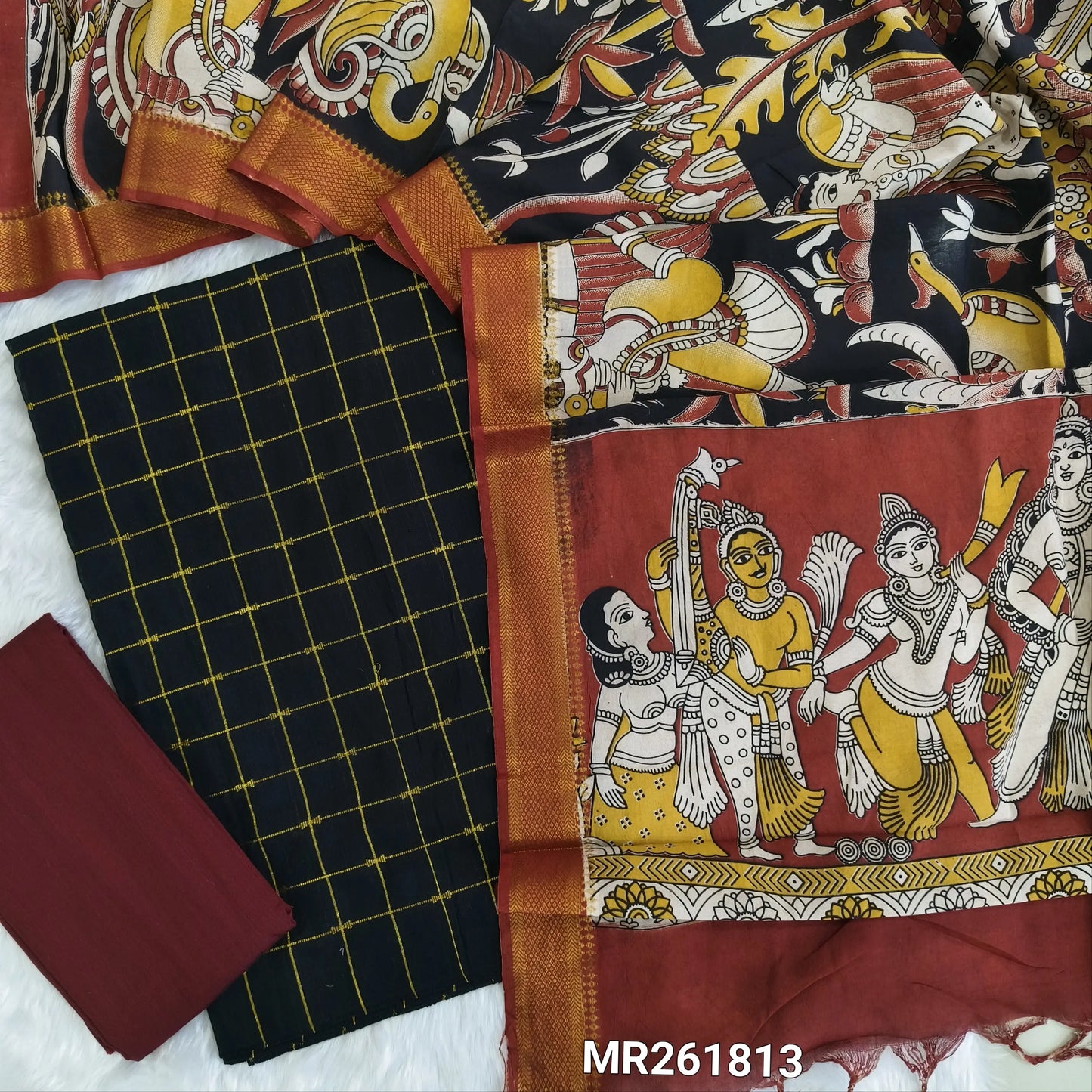 Black premium raw silk unstitched salwar material (textured, Lining needed)checked zari weaving all over, maroon silk bottom, pen kalamkari chennuri silk dupatta with nizam borders. MR261813