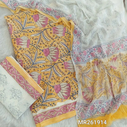 Pastel yellow hand block printed pure mul cotton unstitched salwar material, ( thin,lining optional) handblock printed cotton bottom,hand block printed soft chiffon dupatta. (TAPINGS NEEDED, INCONSISTENT PRINTS ARE NOT DEFECTS) MR261914