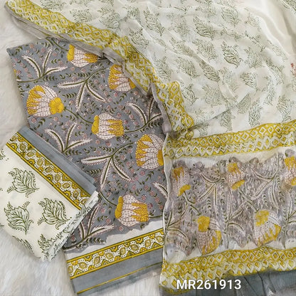 Grey hand block printed pure mul cotton unstitched salwar material, ( thin,lining optional) handblock printed cotton bottom,hand block printed soft chiffon dupatta. (TAPINGS NEEDED, INCONSISTENT PRINTS ARE NOT DEFECTS) MR261913